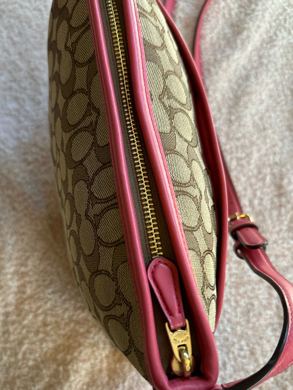 Coach Beige Signature Crossbody with Pink Leather Trim